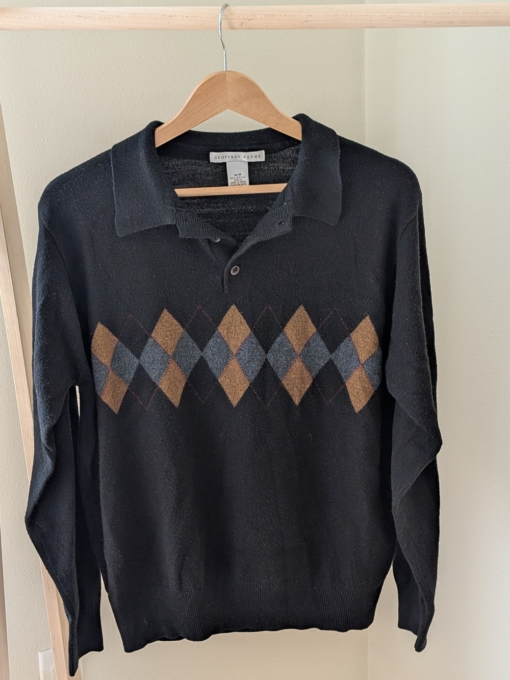 Vintage Argyle Patterned Collared Polo Knit Sweater In Black/Tan